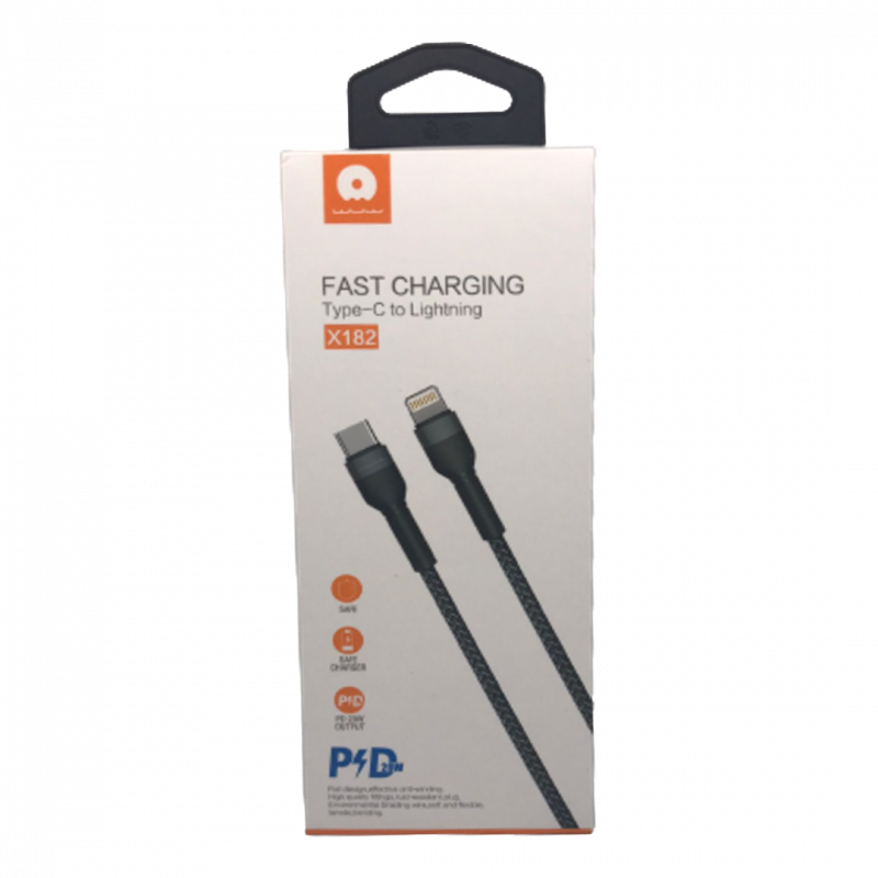 Câble USB-C vers Lightning WUW X182 – Nylon tressé 20 W Noir Câble USB-C vers Lightning WUW X182 – Nylon tressé 20 W Noir