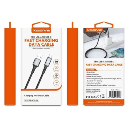 Câble tressé XSSIVE XSS-BR-AC-B – USB-A vers USB-C, 18 W, 1 m, noir