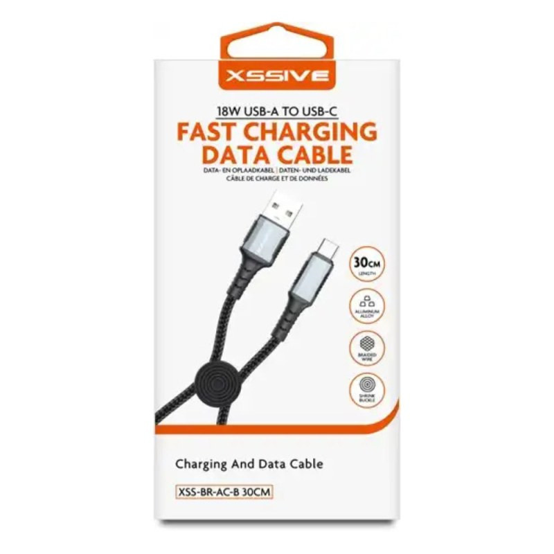 Câble tressé USB-A vers USB-C XSSIVE XSS-BR-AC-B – 18W 30 cm Noir