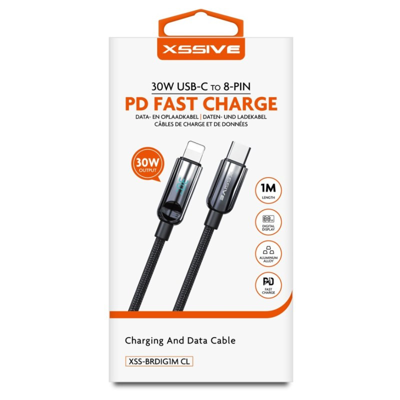 Câble de charge XSSIVE XSS-BRDIG1MCL – USB-C vers Lightning 1 m avec écran Câble de charge XSSIVE XSS-BRDIG1MCL – USB-C vers Lightning 1 m avec écran