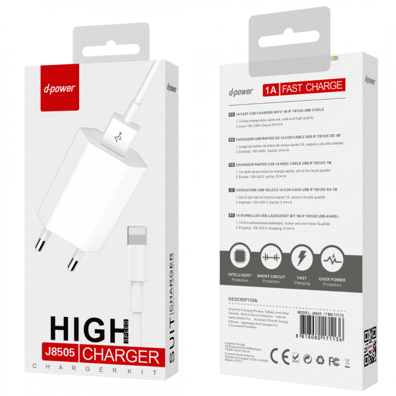 Kit chargeur Lightning D-power J8505 – Recharge rapide 1A Blanc