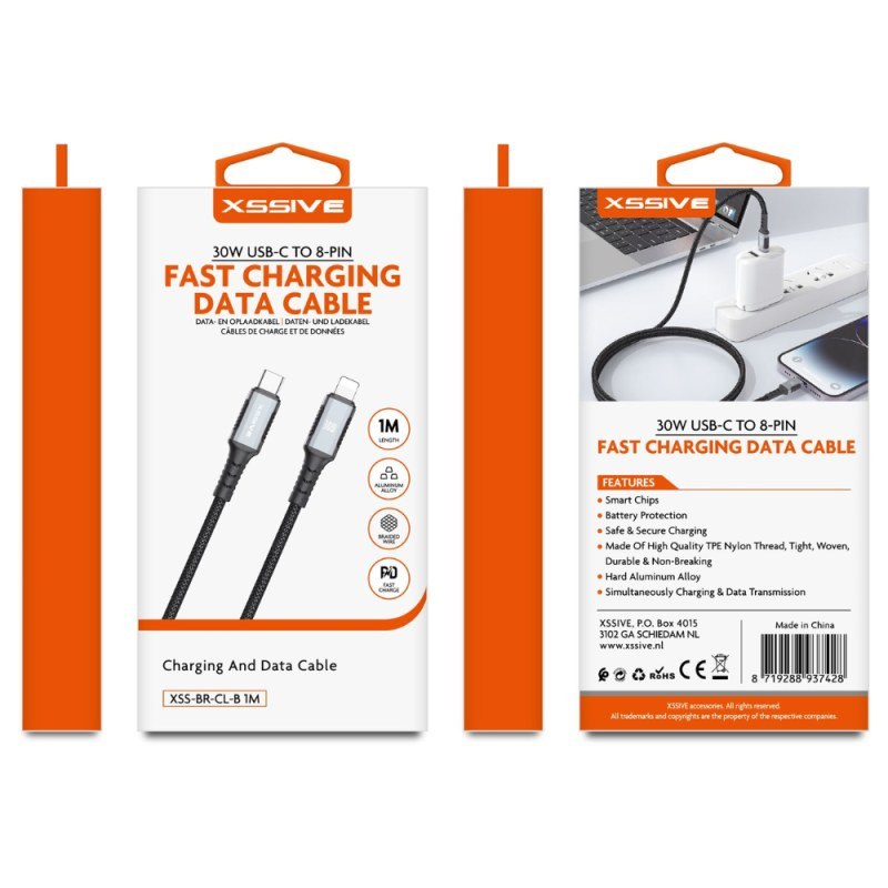 Braided USB-C to Lightning Charging Cable XSSIVE XSS-BR-CL-B – 1m 30W Black Braided USB-C to Lightning Charging Cable XSSIVE XSS-BR-CL-B – 1m 30W Black