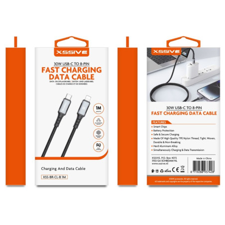 Braided USB-C to Lightning Charging Cable XSSIVE XSS-BR-CL-B – 1m 30W Black