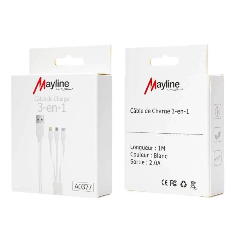 Câble 3-en-1 Mayline – USB vers Lightning/USB-C/Micro USB 20 W 1 m Câble 3-en-1 Mayline – USB vers Lightning/USB-C/Micro USB 20 W 1 m