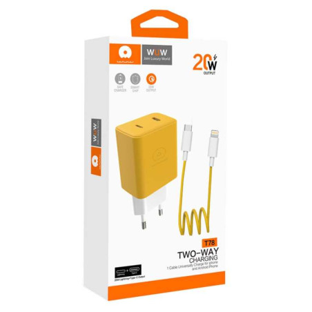 Kit chargeur WUW T78 – chargeur USB-C + câble Lightning/USB-C 20W Jaune