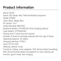Devia E4 EM409 ANC earbuds 7h Black | Smarty
