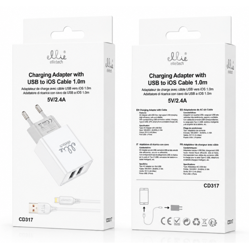 Dual USB Charger Kit Ellietech CD317 – 1m Lightning Cable White 5V/2.4A Dual USB Charger Kit Ellietech CD317 – 1m Lightning Cable White 5V/2.4A