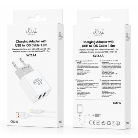 Dual USB Charger Kit Ellietech CD317 – 1m Lightning Cable White 5V/2.4A
