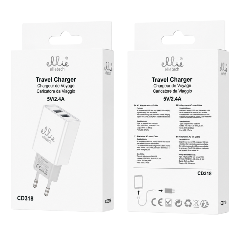 Dual USB Charger Ellietech CD318 – White 5V/2.4A Dual USB Charger Ellietech CD318 – White 5V/2.4A