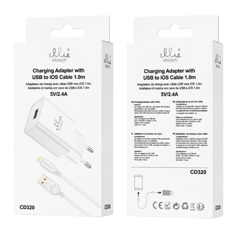 Kit chargeur Ellietech CD320 – câble Lightning 1 m Blanc 5V/2,4A Kit chargeur Ellietech CD320 – câble Lightning 1 m Blanc 5V/2,4A