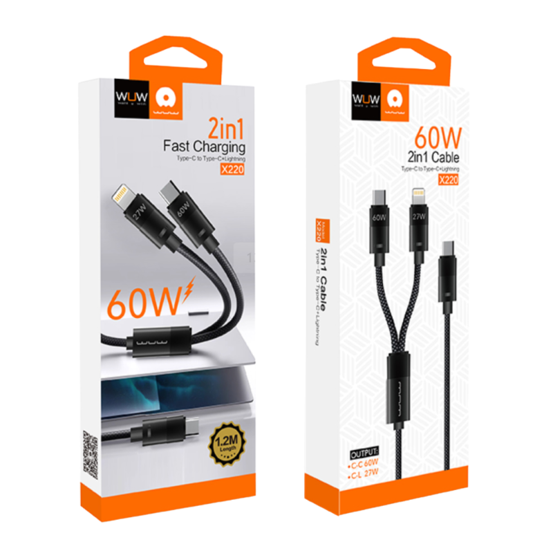 2-in-1 Cable WUW X220 – Type-C/Type-C and Lightning 60W Black