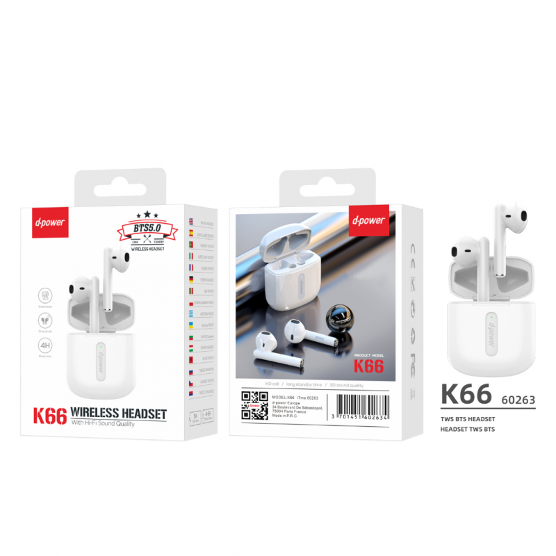Écouteurs Bluetooth D-power K66 – Blanc Écouteurs Bluetooth D-power K66 – Blanc