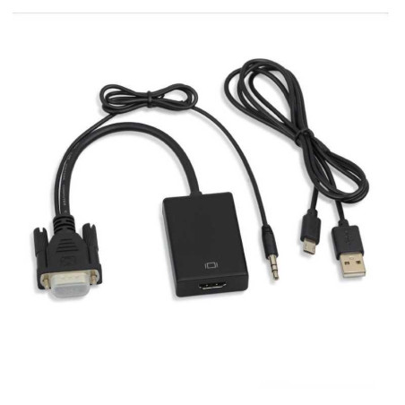 Adaptateur HDMI Vers VGA Qualité HD avec Cable Audio + Cable d'Alimentation USB - 25cm - Noir