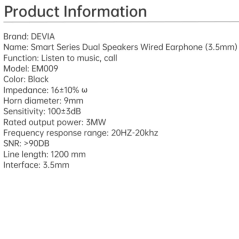 Devia Smart EM009 Wired Earphones Black | Smarty