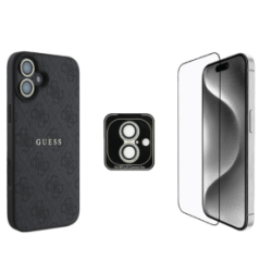 GUESS Bundle Protective 3-en-1 pour iPhone – Coque MagSafe, Verre trem