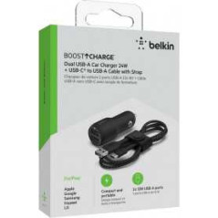 Kit Chargeur Allume-Cigare BELKIN 2 Ports USB avec Câble Type-C 24W -