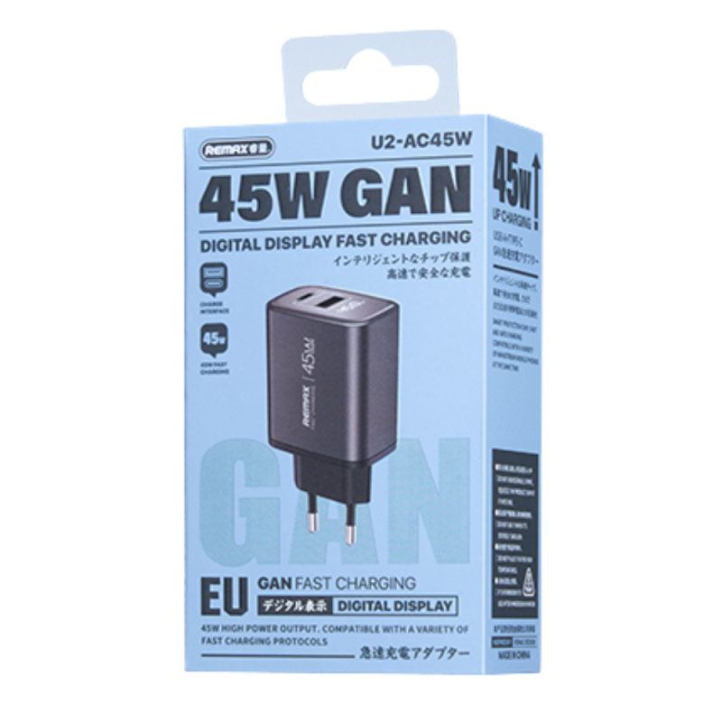 Chargeur GaN REMAX U2-AC45W – 45W USB-A + USB-C Argent