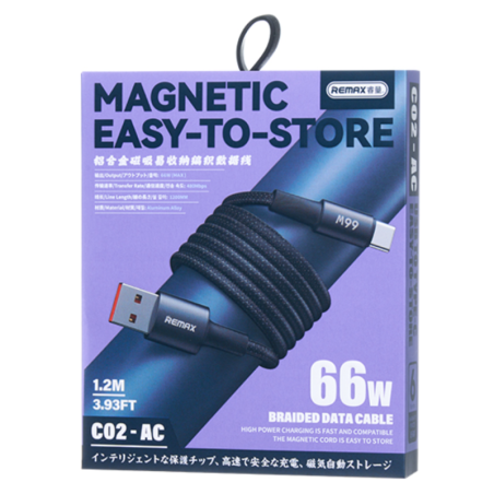 Câble REMAX C02-AC – USB vers USB-C 66W 1,2 m magnétique