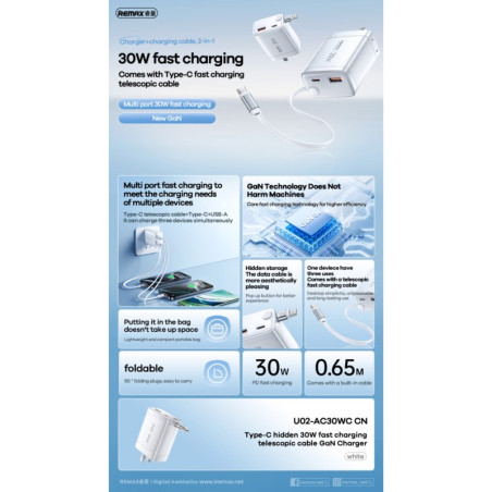 Chargeur GaN REMAX U02-AC30Wc – 30 W câble USB-C vers Lightning Blanc