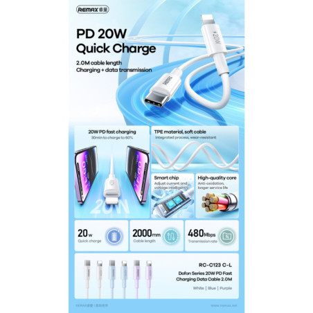 Câble REMAX Dofon RC-C123 – Type-C / Lightning 20W 2 m Blanc