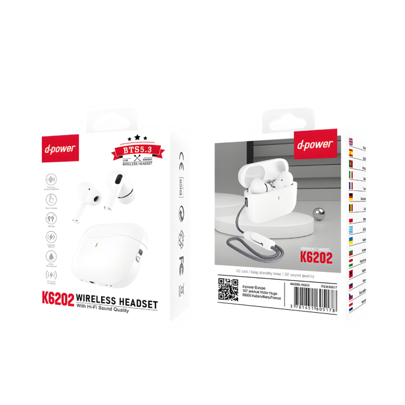 Écouteurs Bluetooth - D-power K6202 - Blanc — D-power · Smarty Paris 18e
