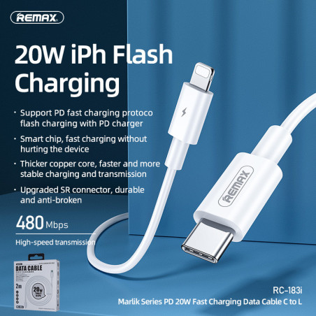 Câble USB-C / Lightning Remax RC-175i – 20 W 1 m Blanc