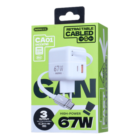 Chargeur GaN avec Câble Télescopique USB-C 67W REMAX CA01(AC