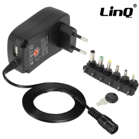 Chargeur universel LinQ T-129 – 30 W, 3 à 12 V, 6 embouts + port USB