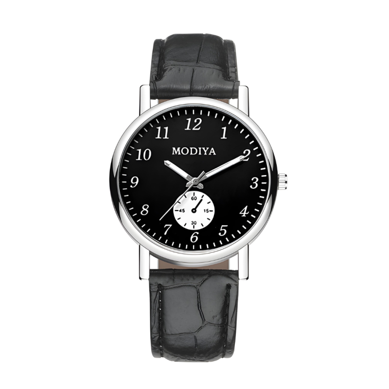Montre à quartz Modiya pour homme – bracelet cuir PU, petit cadran noir Montre à quartz Modiya pour homme – bracelet cuir PU, petit cadran noir