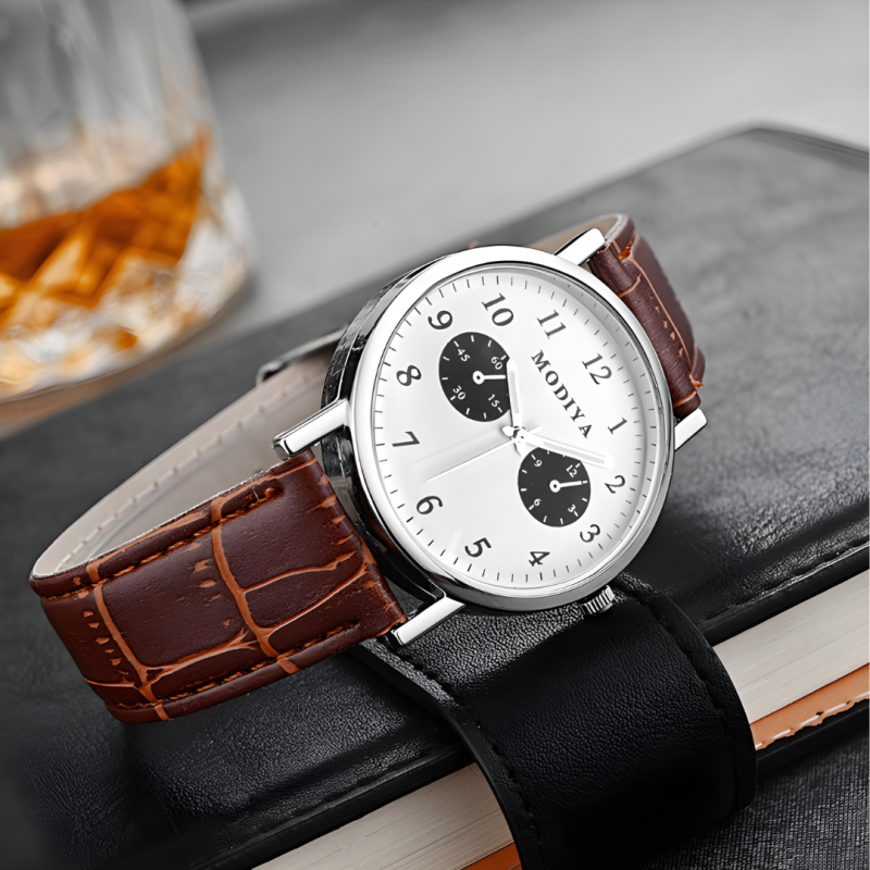Montre à quartz homme Modiya – 2 petits cadrans blanc marron Montre à quartz homme Modiya – 2 petits cadrans blanc marron