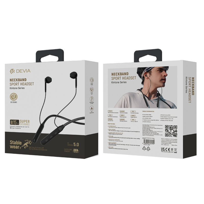 Écouteurs sans fil sport Tour de cou Bluetooth 15H Devia Kintone Series EM036 - Noir — Devia · Smarty Paris 18e