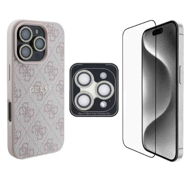 3-in-1 protection bundle GUESS for iPhone – MagSafe 4G Rhinestone Gold Pink