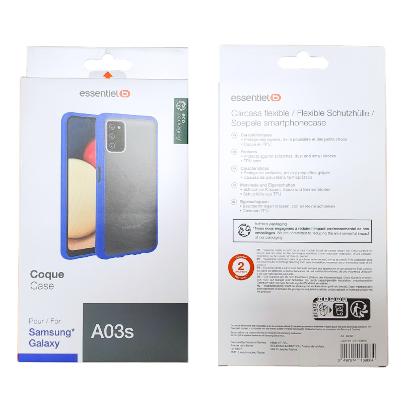 Coque ESSENTIELB Samsung Galaxy A03s – Bleue Coque ESSENTIELB Samsung Galaxy A03s – Bleue