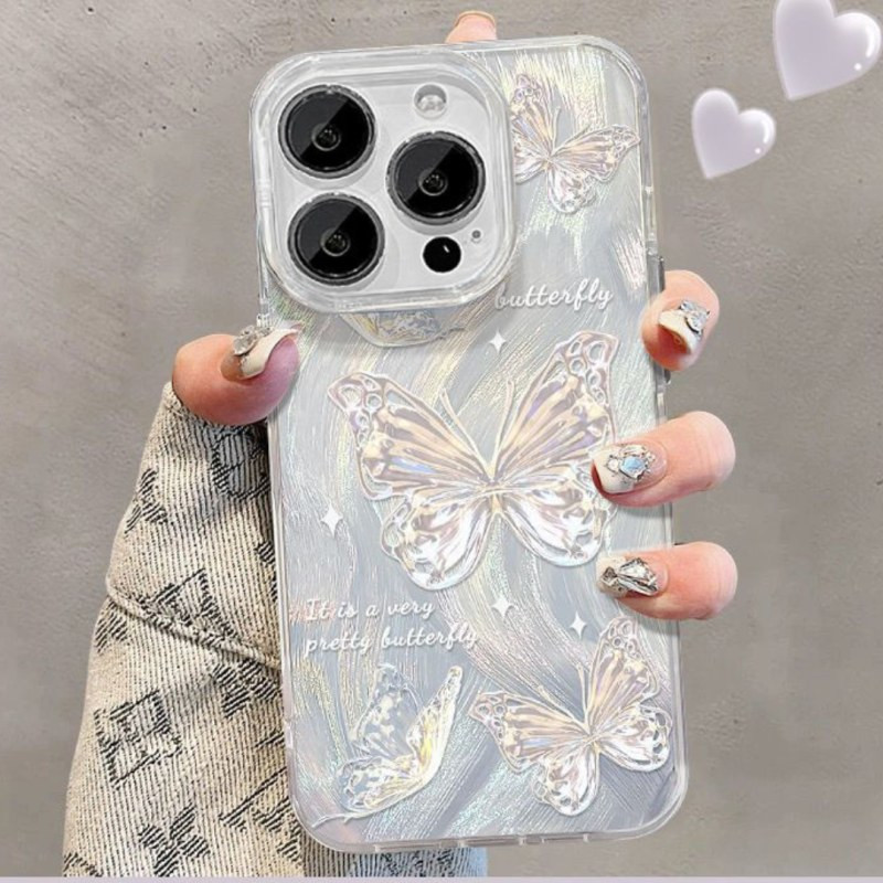 Coque souple pailletée ECO pour iPhone – Papillons argentés, dégradé plume argentée
