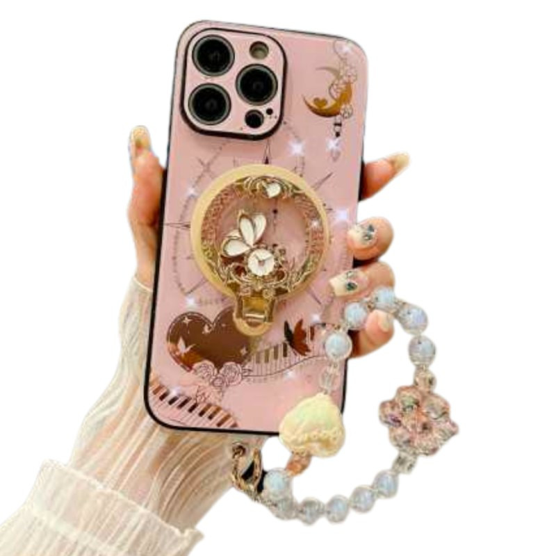 Coque magnétique ECO pour iPhone – Support décoratif, bracelet perlé, rose