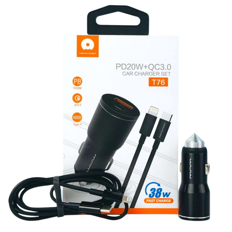 Chargeur Allume-Cigare 18W USB + 20W USB-C avec Câble Type-C (WUW) Chargeur Allume-Cigare 18W USB + 20W USB-C avec Câble Type-C (WUW)