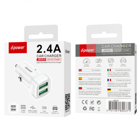 Chargeur Allume-Cigare 2 Ports USB - D-power J8503 - Blanc | Smarty Paris 18e