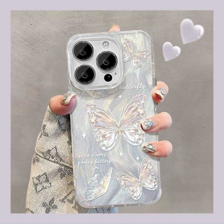 Coque souple pailletée ECO pour iPhone – Papillons argentés, dégradé plume argentée