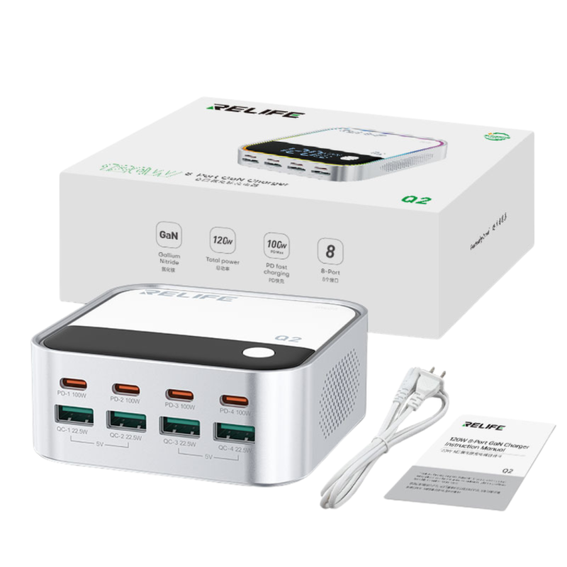 Chargeur GaN RELIFE Q2 120W à 8 Ports - Gris Chargeur GaN RELIFE Q2 120W à 8 Ports - Gris