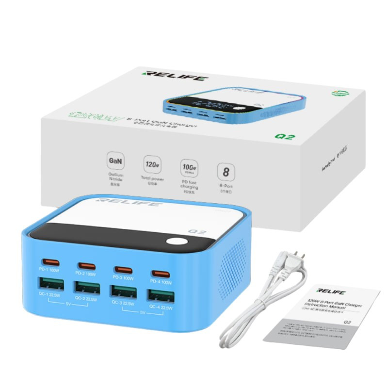 Chargeur GaN RELIFE Q2 – 120W 8 ports Bleu Chargeur GaN RELIFE Q2 – 120W 8 ports Bleu