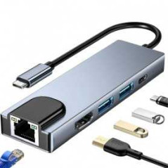 HUB Type C 5 en1 Type C vers PD USB 3.0 - Gris - Informatiques Ref G19
