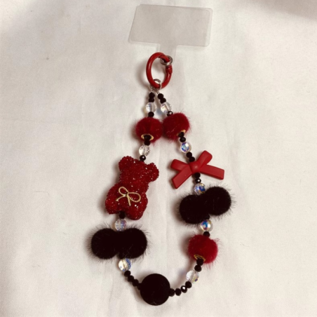 Lanière téléphone ECO – Rouge et noir, ours et pompon