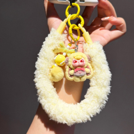 Lanière téléphone poignet ECO – Moelleuse jaune porte-clés poupée et pompon
