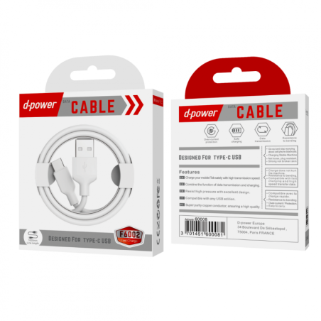 Câble USB / Type-C - D-power F6002 - 1M Blanc | Smarty Paris