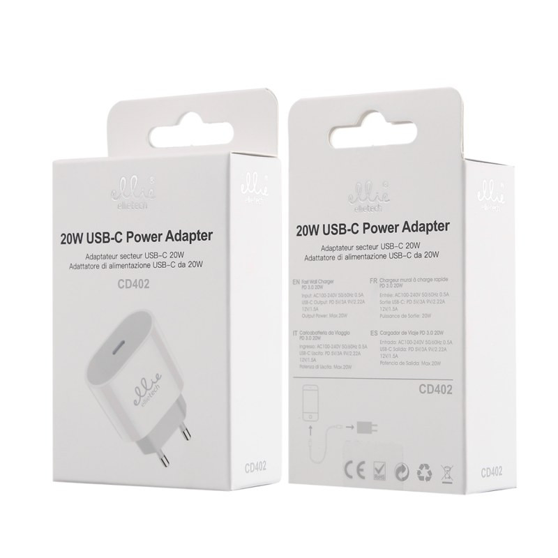 Chargeur de voyage Ellietech CD402 – double USB-C 20 W Blanc