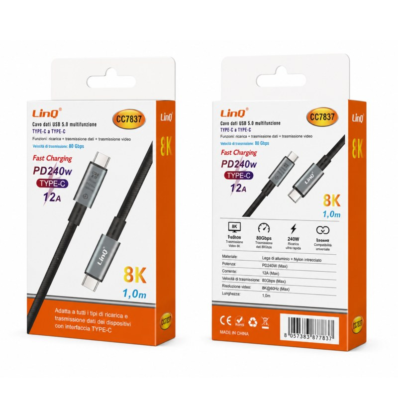 USB-C to USB-C Cable LinQ CC7837 – 240W braided nylon 1m USB-C to USB-C Cable LinQ CC7837 – 240W braided nylon 1m