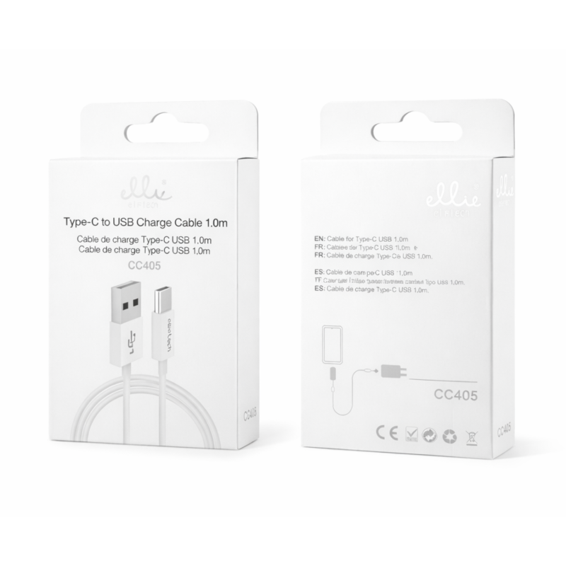 Câble USB / USB-C Ellietech CC405 1M - Blanc Câble USB / USB-C Ellietech CC405 1M - Blanc