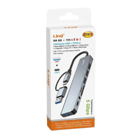 Type-C/USB Hub LinQ IT7811 – 8-in-1, USB 3.0, 3.5mm audio, SD/TF