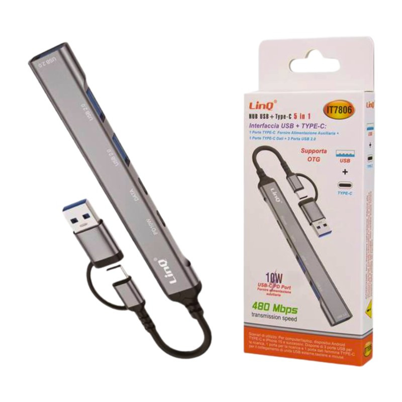 Hub Type-C/USB LinQ IT7806 – 5-en-1, 3 USB 2.0, Type-C, PD 10W Hub Type-C/USB LinQ IT7806 – 5-en-1, 3 USB 2.0, Type-C, PD 10W