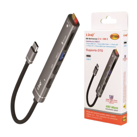 USB-C Hub LinQ IT7804 – 5-in-1, USB 2.0, 2 Type-C, SD/TF